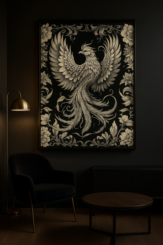 Ash Reign – Ornamental Phoenix in Monochrome