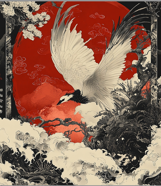 Crane Over Red Moon – Ukiyo-e x Surreal Ink Fusion